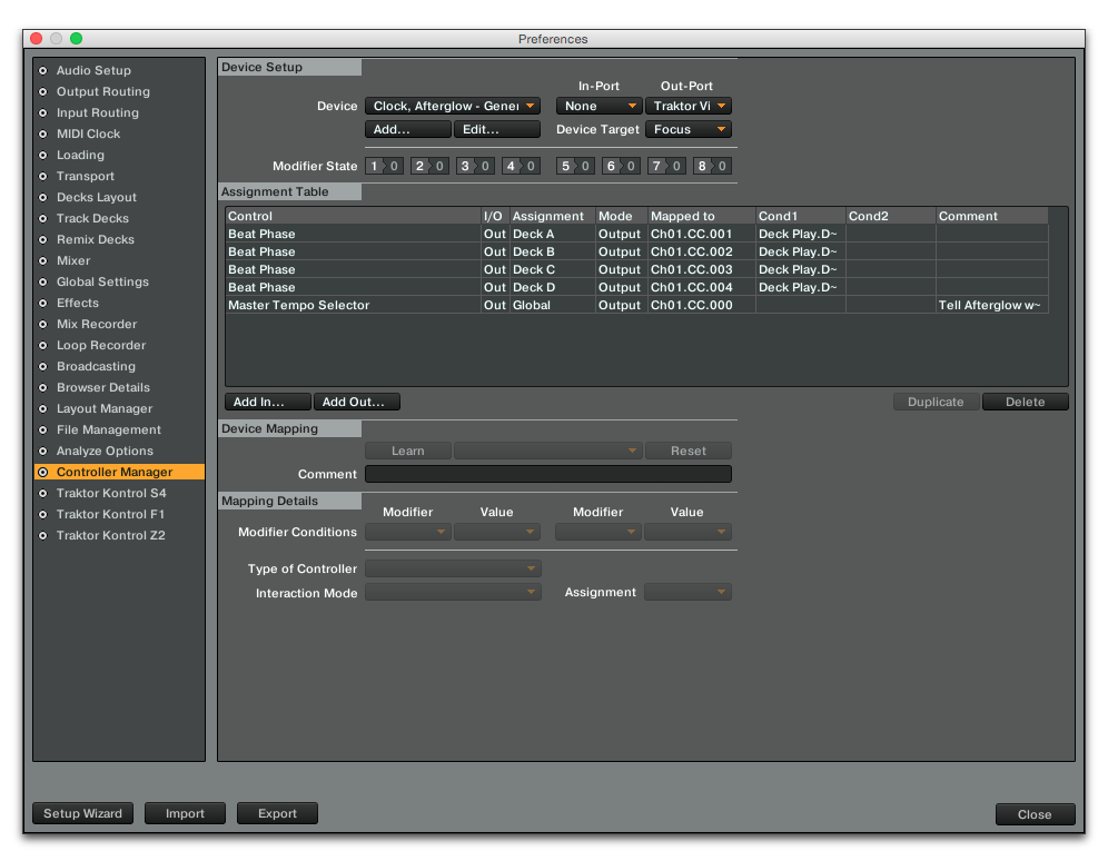 Afterglow Traktor Device Mapping